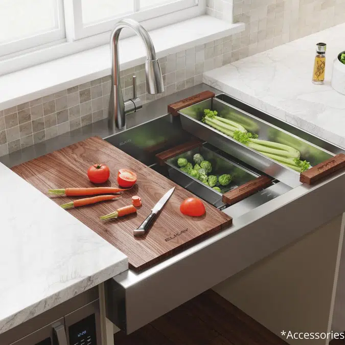 ELDSSF36279DBG Elkay Dart Canyon® Stainless Steel 35-7/8" x 27-1/4" x 9-5/8" 1-Hole Single Bowl Farmhouse Workstation Sink with 4-13/16" Deep Work Shelf