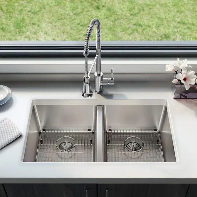 ELUHH3118TPDBG Lustertone Iconix® 16 Gauge Stainless Steel 32-3/4" x 19-1/2" x 9" Double Bowl Undermount Sink Kit with Perfect Drain®