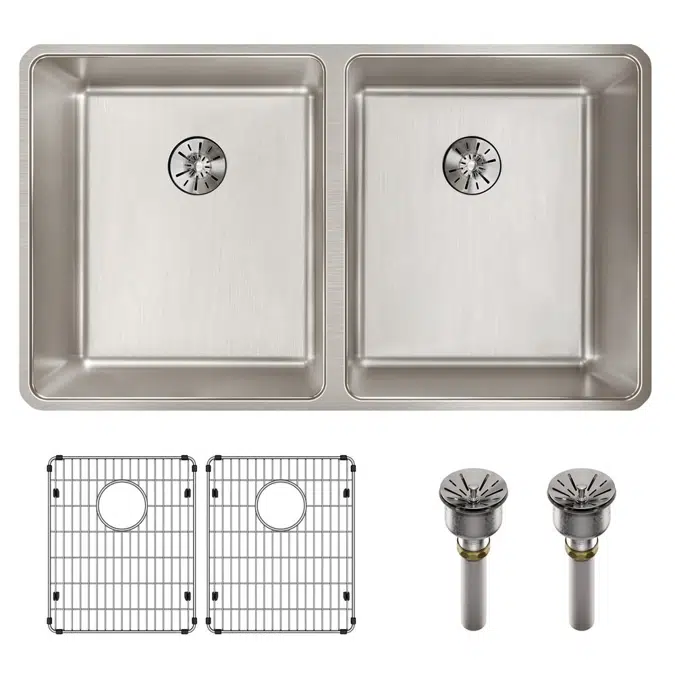 ELUHH3118TPDBG Lustertone Iconix® 16 Gauge Stainless Steel 32-3/4" x 19-1/2" x 9" Double Bowl Undermount Sink Kit with Perfect Drain®
