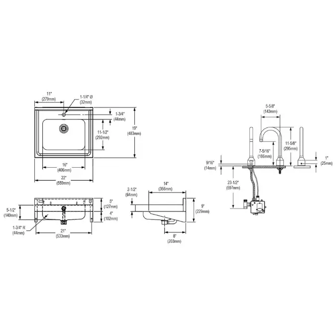 ELVWO2219SACC Elkay Stainless Steel 22" x 19" x 5-1/2" Wall Hung Lavatory Sink Kit w/Semspr Faucet and Overflow