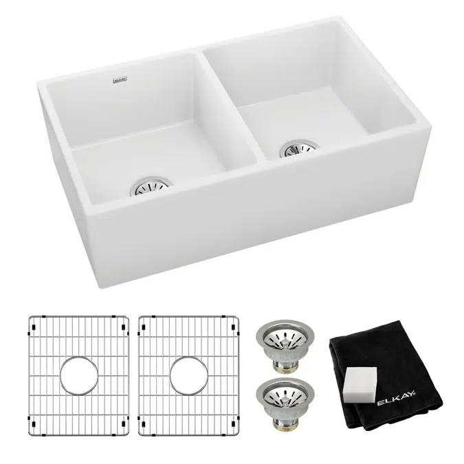 SWUF32189WHC Fireclay 33" x 19-15/16" x 9" Equal Double Bowl Farmhouse Sink Kit