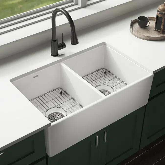 SWUF32189WHC Fireclay 33" x 19-15/16" x 9" Equal Double Bowl Farmhouse Sink Kit