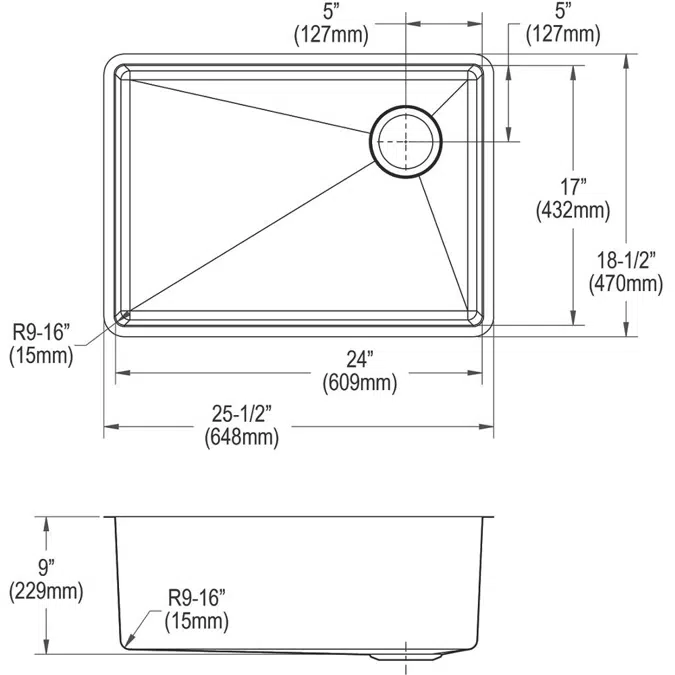 ECTRU24179RT Elkay Crosstown® 18 Gauge Stainless Steel 25-1/2" x 18-1/2" x 9" Single Bowl Undermount Sink