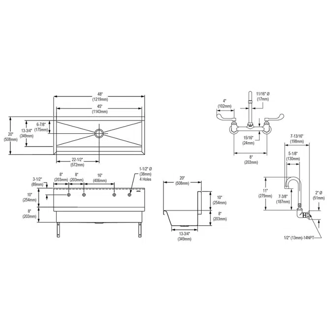 EWMA4820C Elkay Stainless Steel 48" x 20" x 8" Wall Hung Multiple Station Hand Wash Sink Kit w/Faucets and Drain