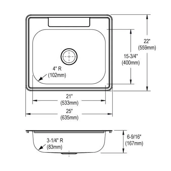 D125221_5_MR2 Dayton® Stainless Steel 25" x 22" x 6-9/16" Single Bowl Drop-in Sink