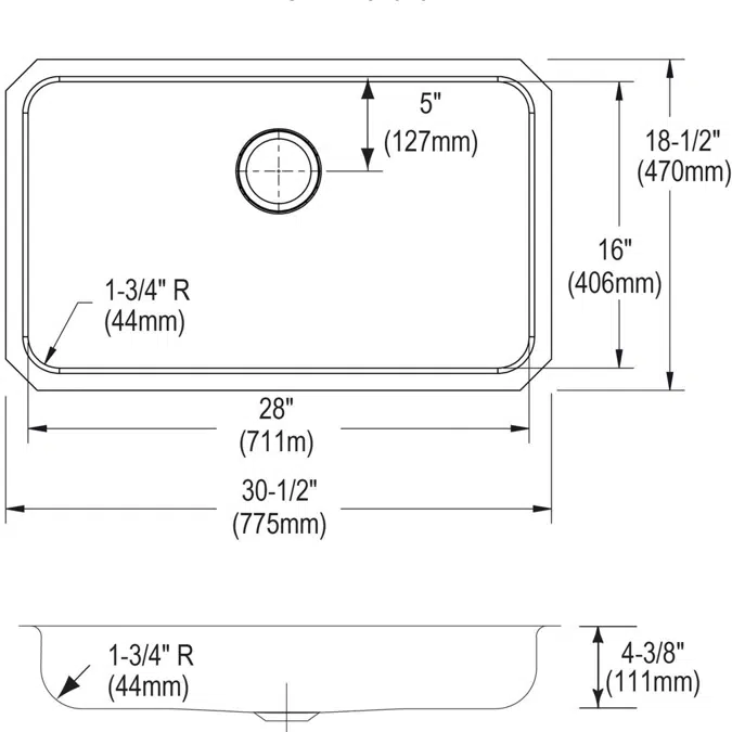 ELUHAD281645 Elkay Lustertone® Classic Stainless Steel, 30-1/2" x 18-1/2" x 4-3/8" Single Bowl Undermount ADA Sink