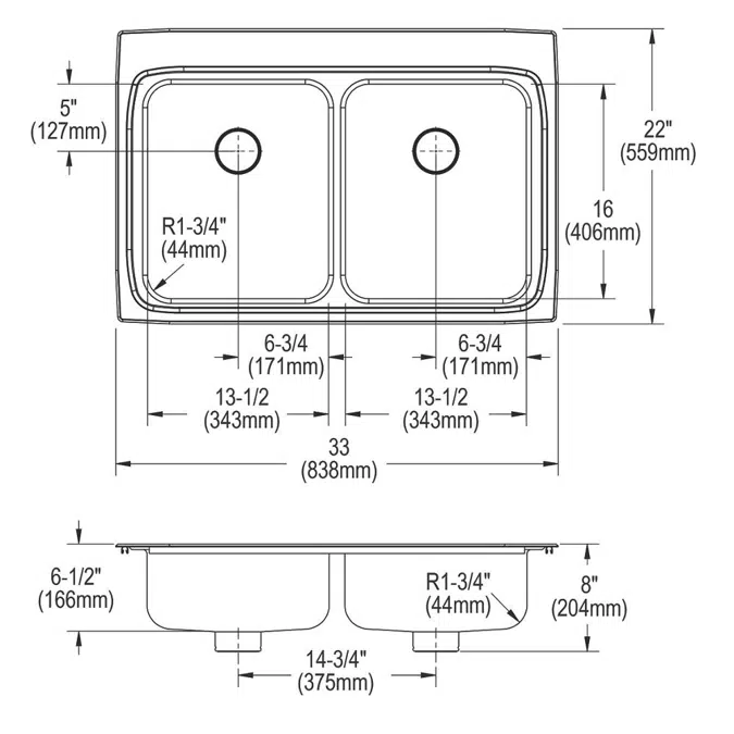 LRAD3322651_4_MR2 Lustertone® Classic Stainless Steel 33" x 22" x 6-1/2" Equal Double Bowl Drop-in ADA Sink