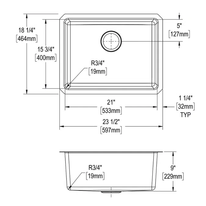 ELUH2115T Lustertone Iconix® 18 Gauge Stainless Steel 23-1/2" x 18-1/4" x 9" Single Bowl Undermount Sink