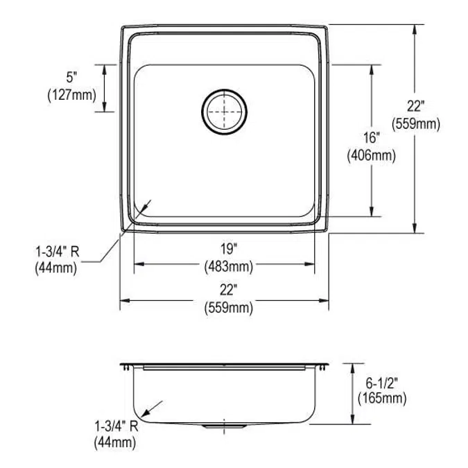 LRAD2222651_5_MR2 Lustertone® Classic Stainless Steel 22" x 22" x 6-1/2" Single Bowl Drop-in ADA Sink