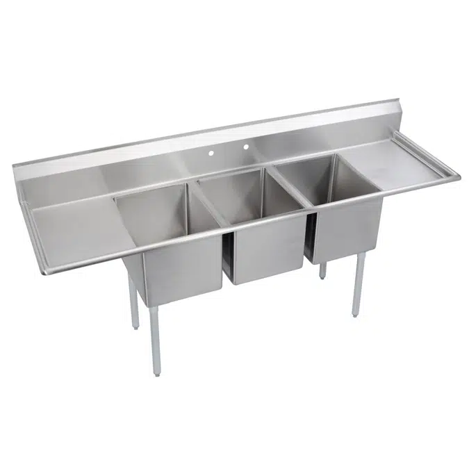 E3C16X20-2-18X Elkay® Dependabilt™ Stainless Steel 88" x 25-13/16" x 43-3/4" 18 Gauge Three Compartment Sink w/ 18" Left and Right Drainboards and Stainless Steel Legs