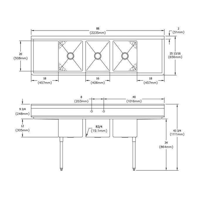 E3C16X20-2-18X Elkay Dependabilt™ Stainless Steel 88" x 25-13/16" x 43-3/4" 18 Ga. Three comp Sink w/18" LR Drainboards+Stainless Steel Legs