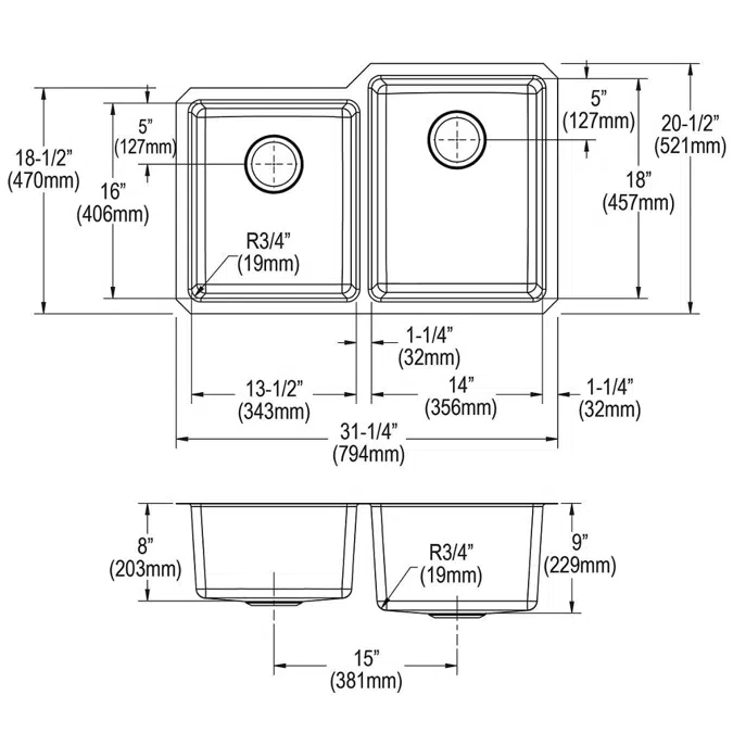 ELUH3120LT Lustertone Iconix® 18 Gauge Stainless Steel 31-1/4" x 20-1/2" x 9" Double Bowl Undermount Sink with Left Small Bowl