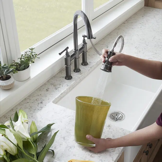 LKEC2037AS Elkay Explore™ Three Hole Bridge Faucet with Pull-down Spray and Lever Handles Antique Steel