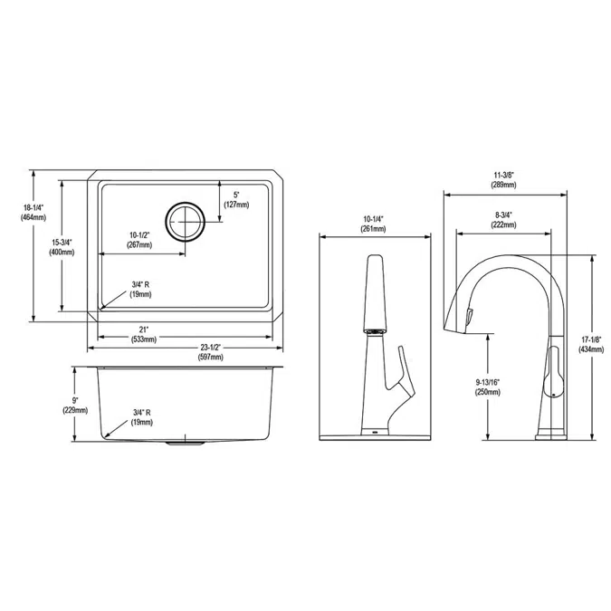 ELUH2115TFLC Lustertone Iconix® 18 Gauge Stainless Steel 23-1/2" x 18-1/4" x 9" Single Bowl Undermount Sink Kit with Filtered Faucet