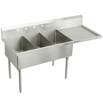 Imagem para SS8345R Sturdibilt® Stainless Steel 70-1/2" x 27-1/2" x 14" Floor Mount Triple Compartment Scullery Sink w/Right Drainboard}