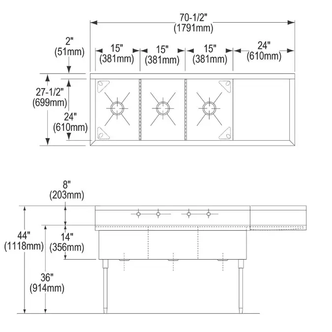 SS8345R Sturdibilt® Stainless Steel 70-1/2" x 27-1/2" x 14" Floor Mount Triple Compartment Scullery Sink w/Right Drainboard