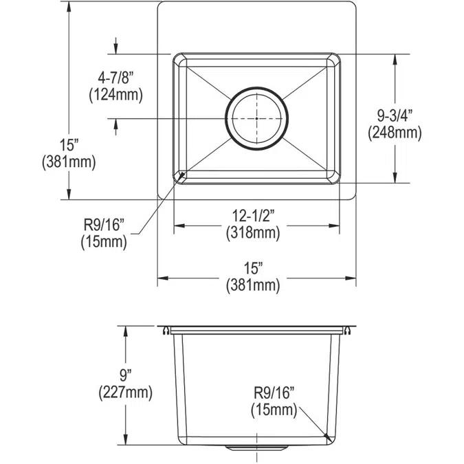 ECTSR15159TBG1_3 Crosstown® 18 Gauge Stainless Steel 15" x 15" x 9" Single Bowl Dual Mount Sink Kit