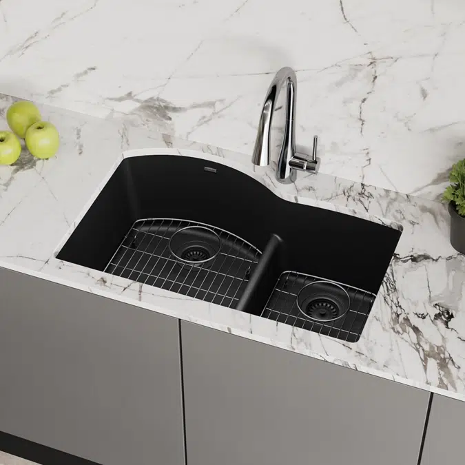 ELGHU3322RGT0C_MB0C_WH0C Quartz Classic® 33" x 22" x 10" Offset 60/40 Double Bowl Undermount Sink Kit with Aqua Divide