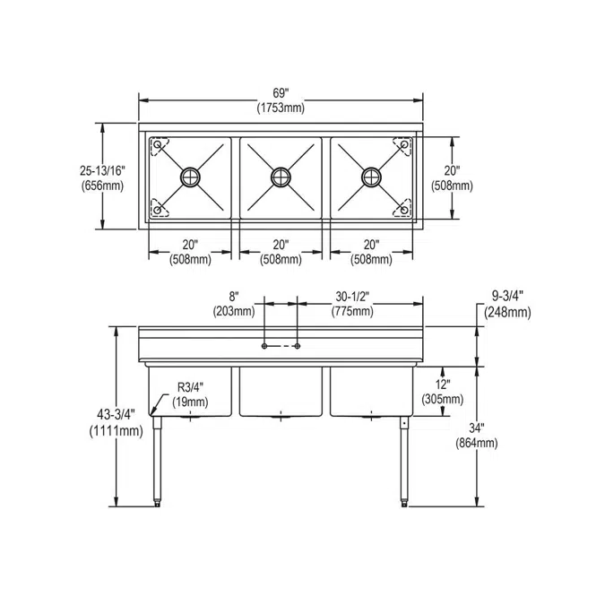 E3C20X20-0X Dependabilt™ Stainless Steel 69" x 25-13/16" x 43-3/4" 18 Gauge Three Compartment Sink with Stainless Steel Legs