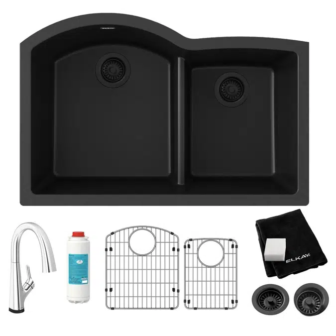 ELGHU3322RBKFLC_GSFLC_MCFLC_WHFLC Quartz Classic® 33" x 22" x 10" Offset 60/40 Double Bowl Undermount Sink Kit with Filtered Faucet with Aqua Divide