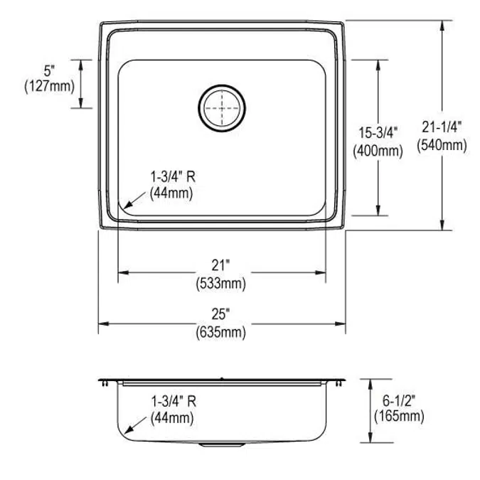 LRAD2521651 Elkay Lustertone® Classic Stainless Steel 25" x 21-1/4" x 6-1/2" 1-Hole Single Bowl Drop-in ADA Sink