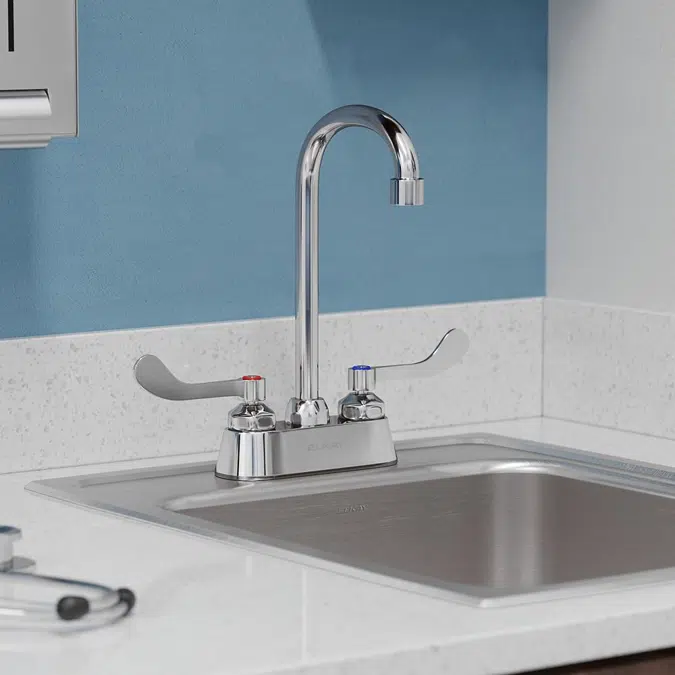 LK406GN05T4 Elkay® 4" Centerset with Exposed Deck Faucet with 5" Gooseneck Spout 4" Wristblade Handles Chrome