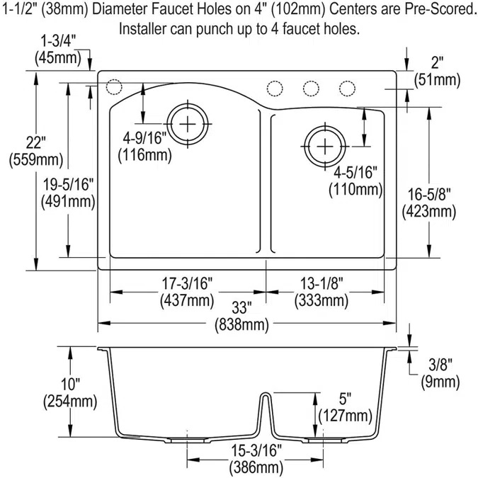 ELGH3322RGY0_GT0_GS0_MB0_WH0 Quartz Classic® 33" x 22" x 10" Offset 60/40 Double Bowl Drop-in Sink with Aqua Divide