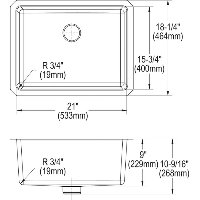 ELUHH2115TPD Lustertone Iconix® 16 Gauge Stainless Steel, 23-1/2" x 18-1/4" x 9" Single Bowl Undermount Sink with Perfect Drain®