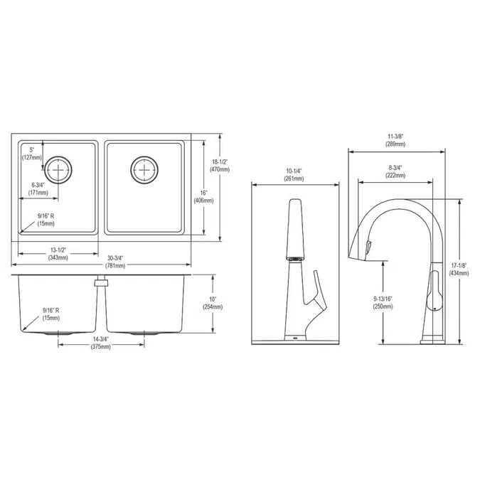 EFRU311810TFLC Elkay Crosstown® 16 Gauge Stainless Steel 30-3/4" x 18-1/2" x 10" Equal Double Bowl Undermount Sink Kit with Filtered Faucet