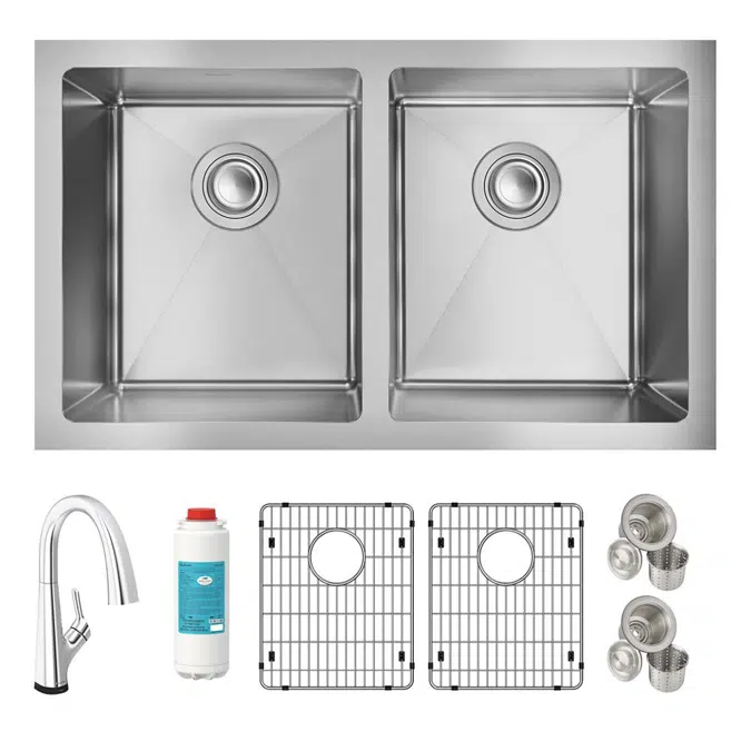 EFRU311810TFLC Elkay Crosstown® 16 Gauge Stainless Steel 30-3/4" x 18-1/2" x 10" Equal Double Bowl Undermount Sink Kit with Filtered Faucet