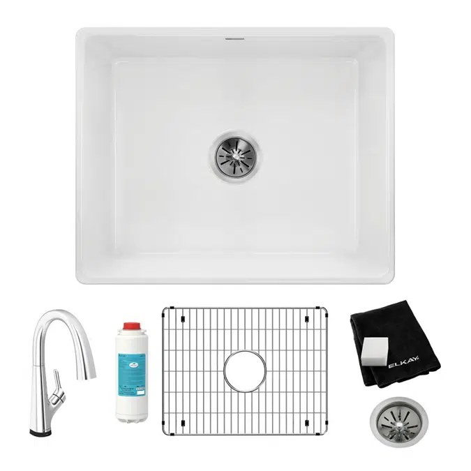 SWUF2520WHFLC Fireclay 24-7/16" x 19-11/16" x 9-1/8" Single Bowl Farmhouse Sink Kit with Filtered Faucet White