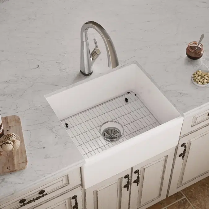 SWUF2520WHFLC Fireclay 24-7/16" x 19-11/16" x 9-1/8" Single Bowl Farmhouse Sink Kit with Filtered Faucet White