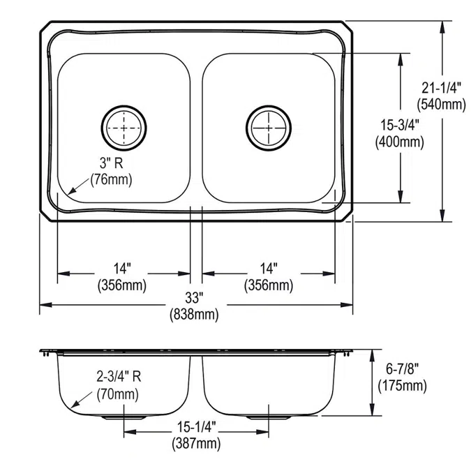 CR33211_4 Celebrity® Stainless Steel 33" x 21-1/4" x 6-7/8" Equal Double Bowl Drop-in Sink