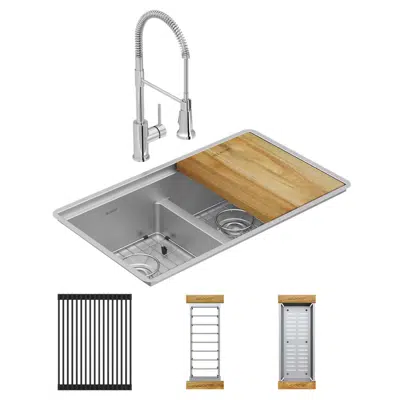 ECTRUA31169TFCW Elkay Crosstown 18 Gauge Workstation Stainless Steel, 31-1/2" x 18-1/2" x 9" Equal Double Bowl Undermount Sink & Faucet Kit with Aqua Divide图像