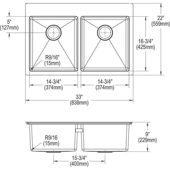 ECTSR33229TBG1_5_FR2 Crosstown® 18 Gauge Stainless Steel 33" x 22" x 9" Equal Double Bowl Dual Mount Sink Kit 