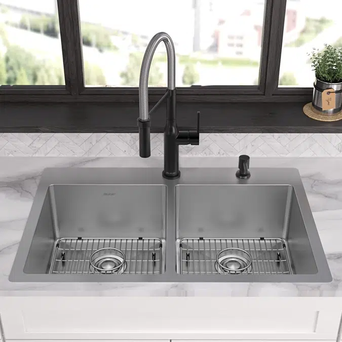 ECTSR33229TBG1_5_FR2 Crosstown® 18 Gauge Stainless Steel 33" x 22" x 9" Equal Double Bowl Dual Mount Sink Kit 