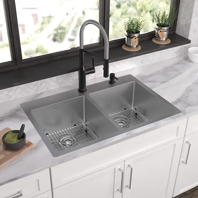ECTSR33229TBG1_5_FR2 Crosstown® 18 Gauge Stainless Steel 33" x 22" x 9" Equal Double Bowl Dual Mount Sink Kit 