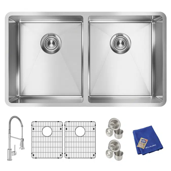 ECTRU31179TFC Elkay Crosstown® 18 Gauge Stainless Steel 31-1/2" x 18-1/2" x 9" Equal Double Bowl Undermount Sink Kit with Faucet