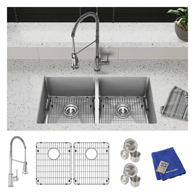 ECTRU31179TFC Elkay Crosstown® 18 Gauge Stainless Steel 31-1/2" x 18-1/2" x 9" Equal Double Bowl Undermount Sink Kit with Faucet