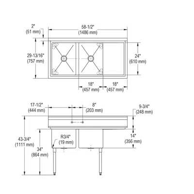 Image for 14-2C18X24-R-18X Dependabilt™ Stainless Steel 58-1/2" x 29-13/16" x 43-3/4" 16 Gauge Two Compartment Sink w/18" Right Drainboard +SS Legs