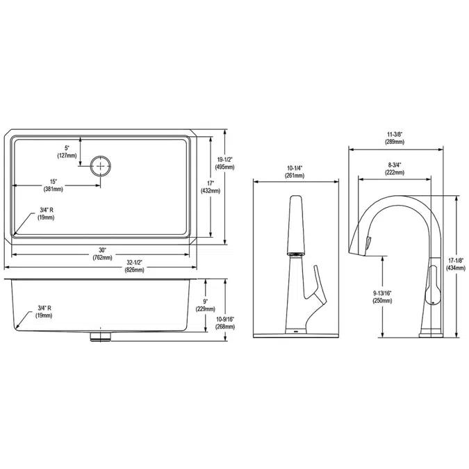 ELUHH3017TPDFLC Lustertone Iconix® 16 Gauge Stainless Steel 32-1/2" x 19-1/2" x 9" Single Bowl Undermount Sink Kit with Filtered Faucet with Perfect Drain®