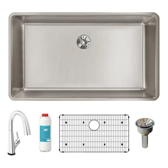 ELUHH3017TPDFLC Lustertone Iconix® 16 Gauge Stainless Steel 32-1/2" x 19-1/2" x 9" Single Bowl Undermount Sink Kit with Filtered Faucet with Perfect Drain®