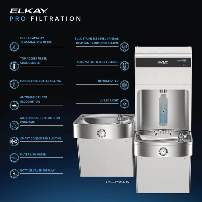 LVRCTL8WSPRO Family Elkay Pro Filtration™ Vandal-Resistant Connected Bottle Filling Station&BiLevel ADA Cooler Refrigerated Stainless Steel
