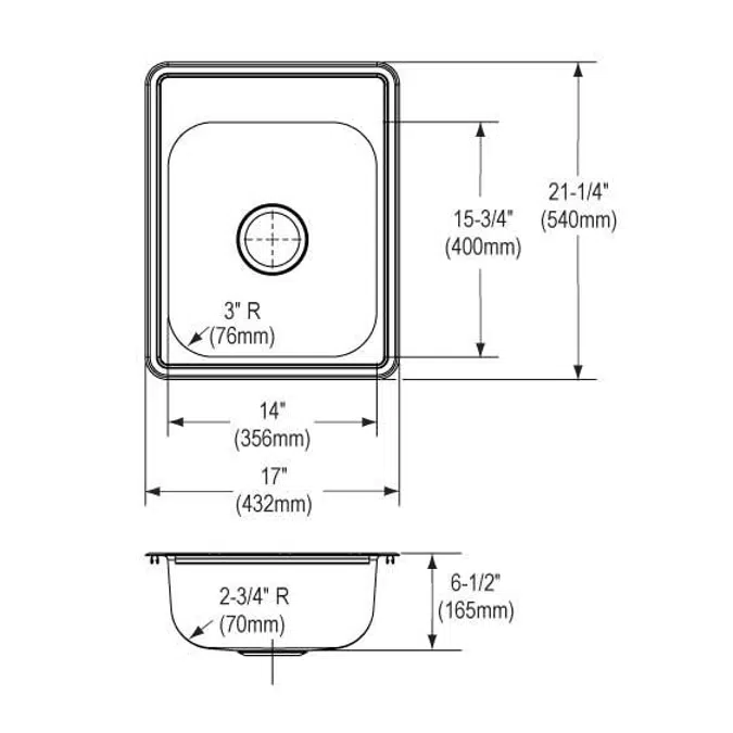 D117211_3 Dayton® Stainless Steel 17" x 21-1/4" x 6-1/2" Single Bowl Drop-in Bar Sink