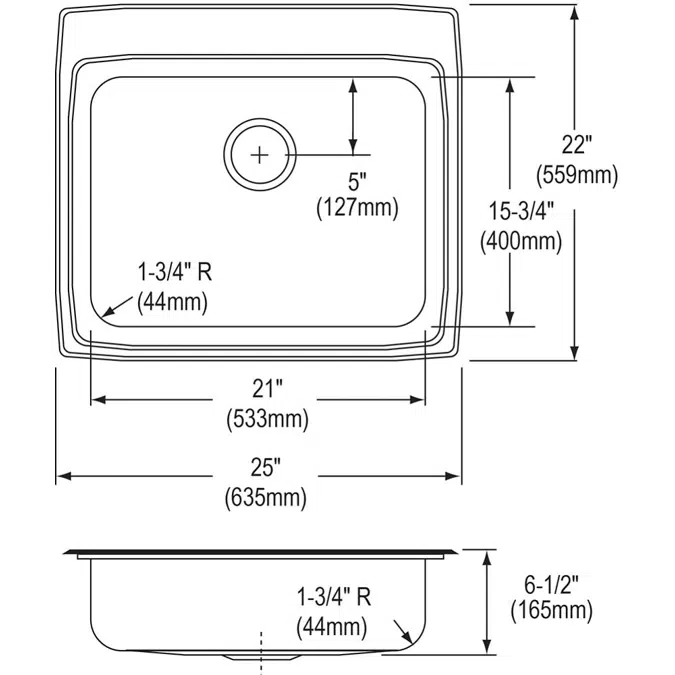 LRAD2522651_4_MR2 Elkay Lustertone® Classic Stainless Steel 25" x 22" x 6-1/2", Single Bowl Drop-in ADA Sink