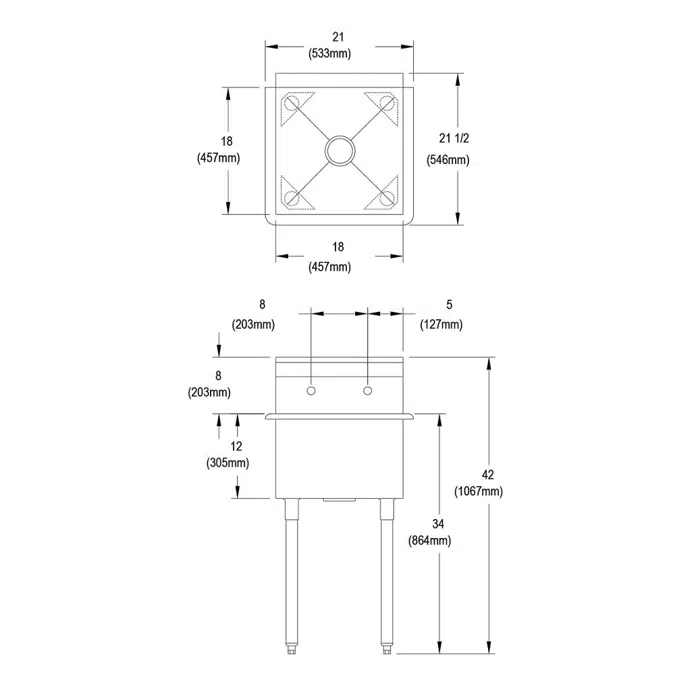 B1C18X18X Elkay® Dependabilt™ Stainless Steel 21" x 21-1/2" x 42" 18 Gauge One Compartment Budget Sink with Stainless Steel Legs