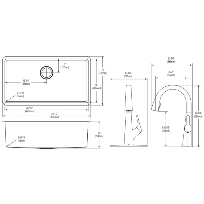 EFRU311610TFLC Elkay Crosstown® 16 Gauge Stainless Steel 32-1/2" x 18" x 10" Single Bowl Undermount Sink Kit with Filtered Faucet