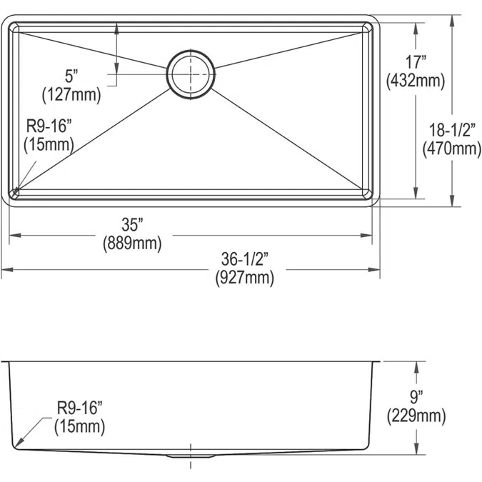 ECTRU35179T Crosstown® 18 Gauge Stainless Steel 36-1/2" x 18-1/2" x 9" Single Bowl Undermount Sink