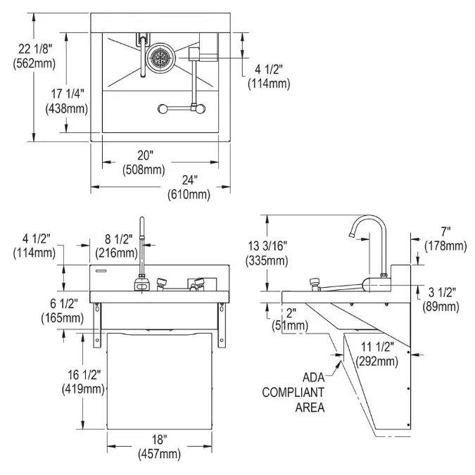 EWSF12422TW Stainless Steel 24" x 22" x 27" Wall Hung ADA Sink Enviro Kit with Eyewash + Faucet + Drain + Mixing Valve + Bluetooth