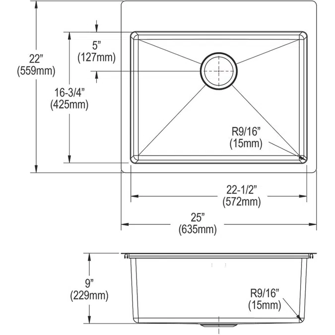 ECTSR25229TBG1_5 Crosstown® 18 Gauge Stainless Steel 25" x 22" x 9" Single Bowl Dual Mount Sink Kit